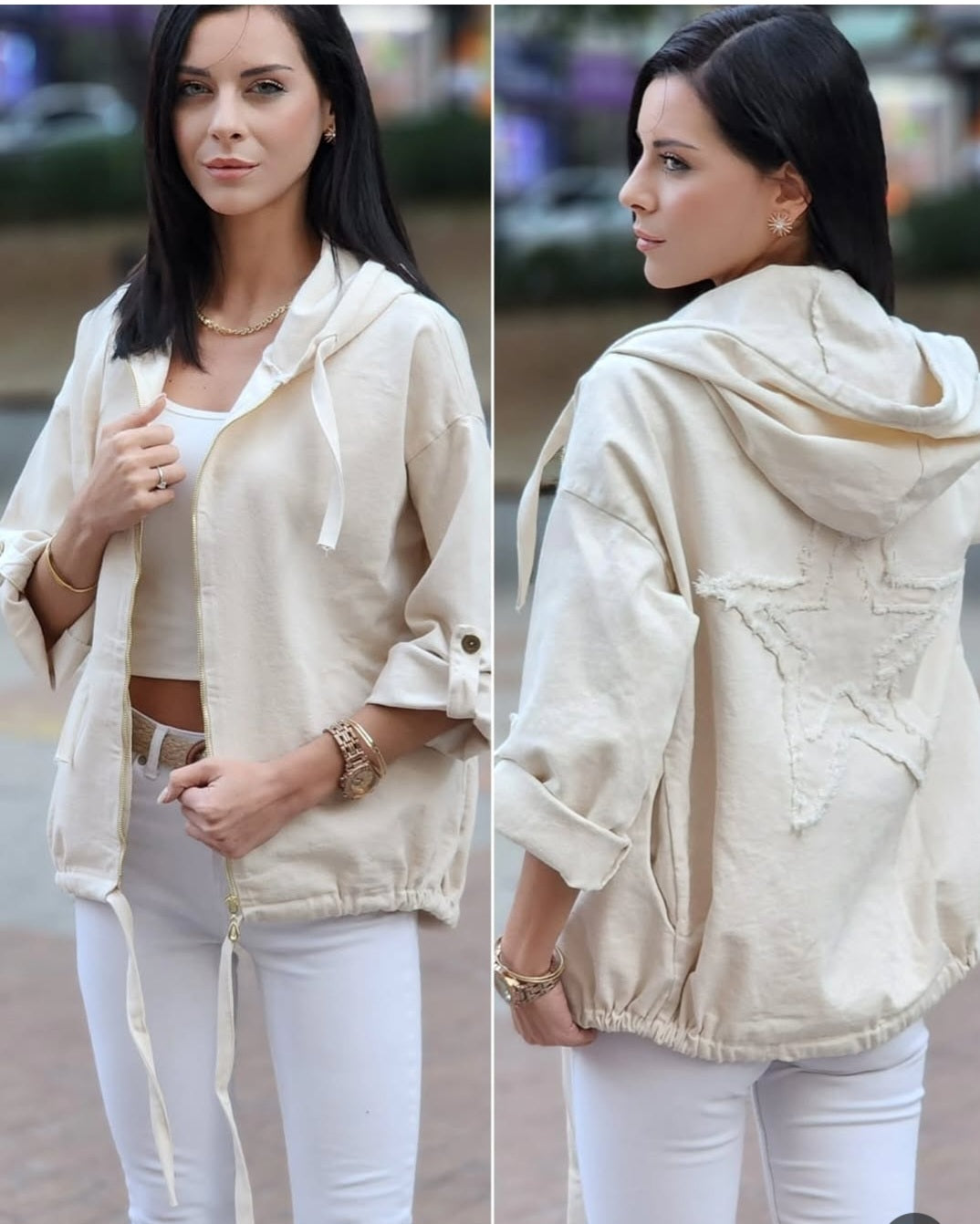 Gabardin sırtı yıldızlı fermuarlı ceket bej rengi