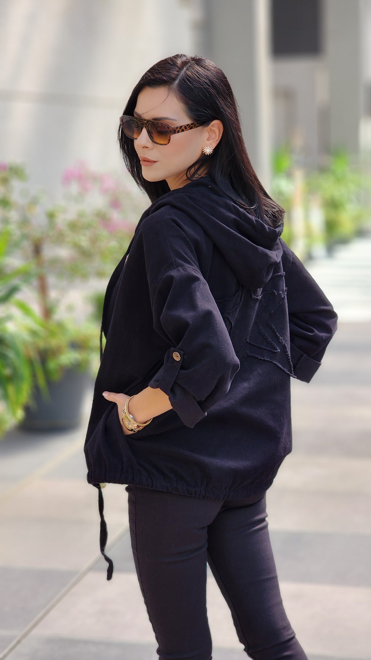 Gabardln sırtı yıldızlı fermuarlı ceket siyah