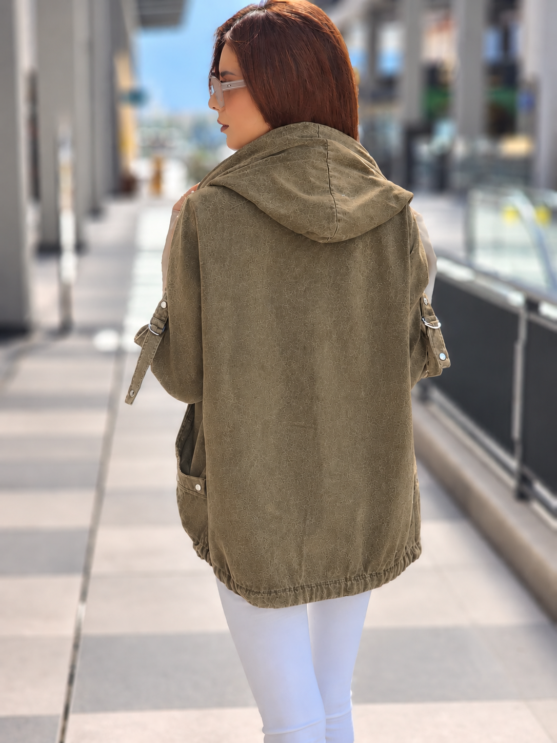 Zımba detaylı Sonbaharlık gabardln ceket safran yeşili