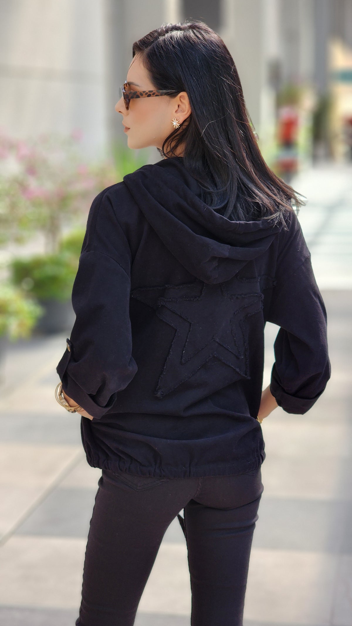 Gabardln sırtı yıldızlı fermuarlı ceket siyah