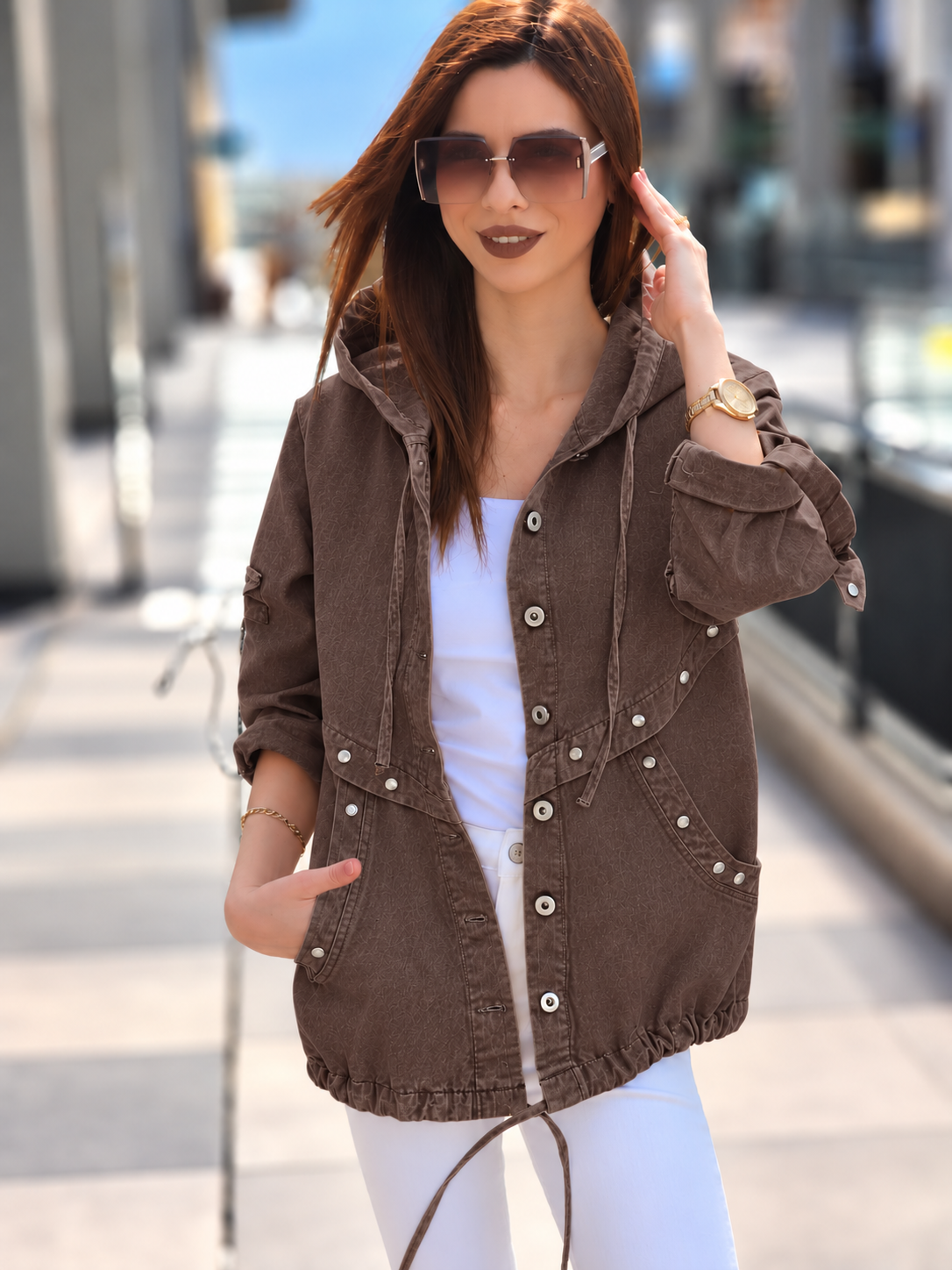 Zımba detaylı Sonbaharlık gabardln ceket kahverengi