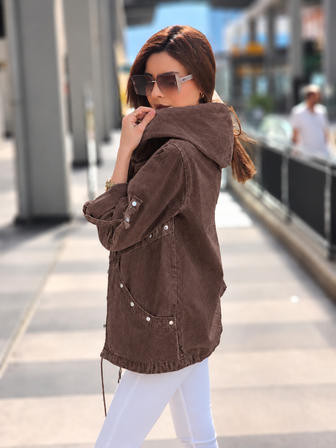 Zımba detaylı Sonbaharlık gabardln ceket kahverengi