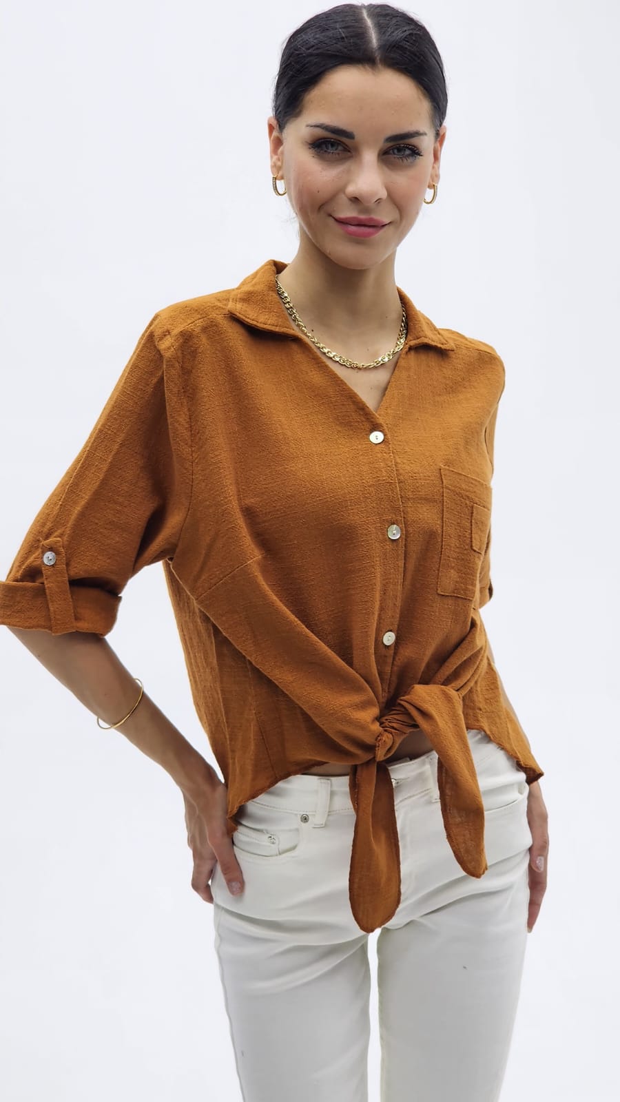 Bağlamalı keten gömlek açık kahve