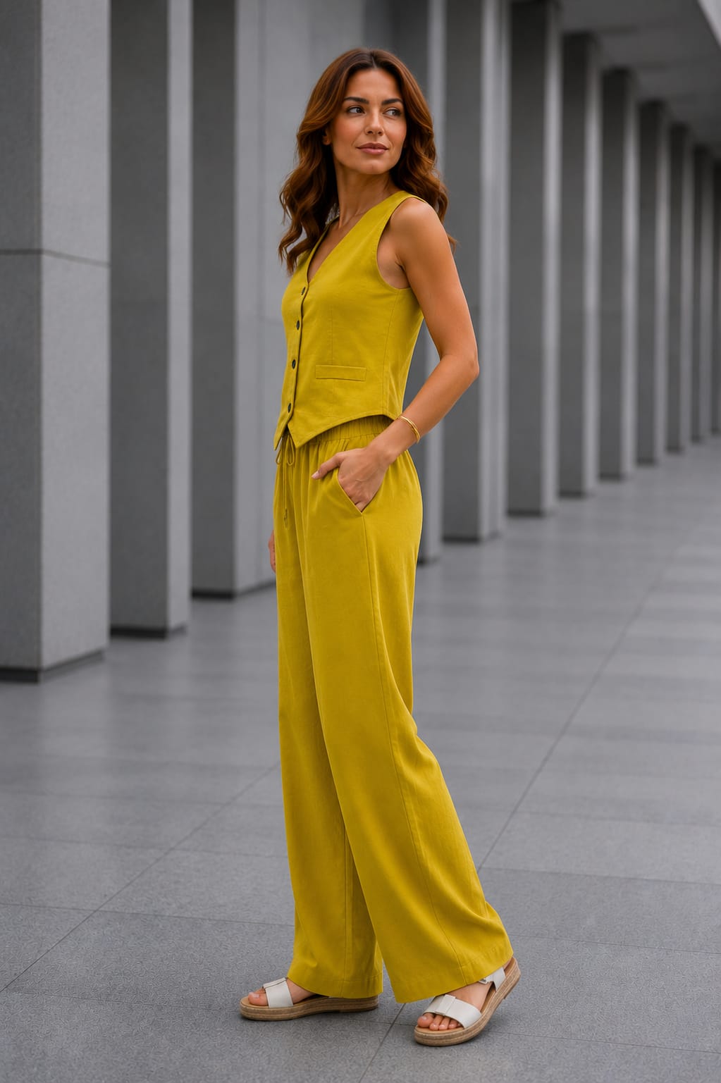 Yelekli takım hardal sarı