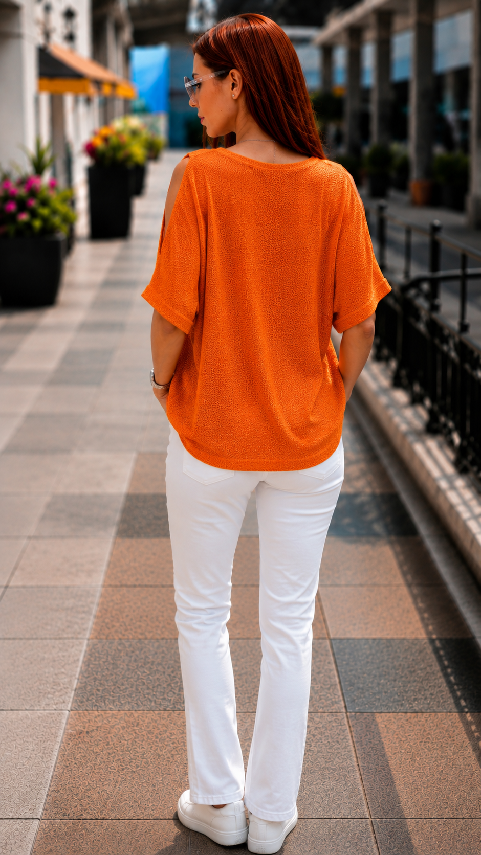 Omuz dekolteli ince örgü bluz turuncu