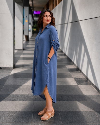 Müslin kumaş gömlek elbise Indigo