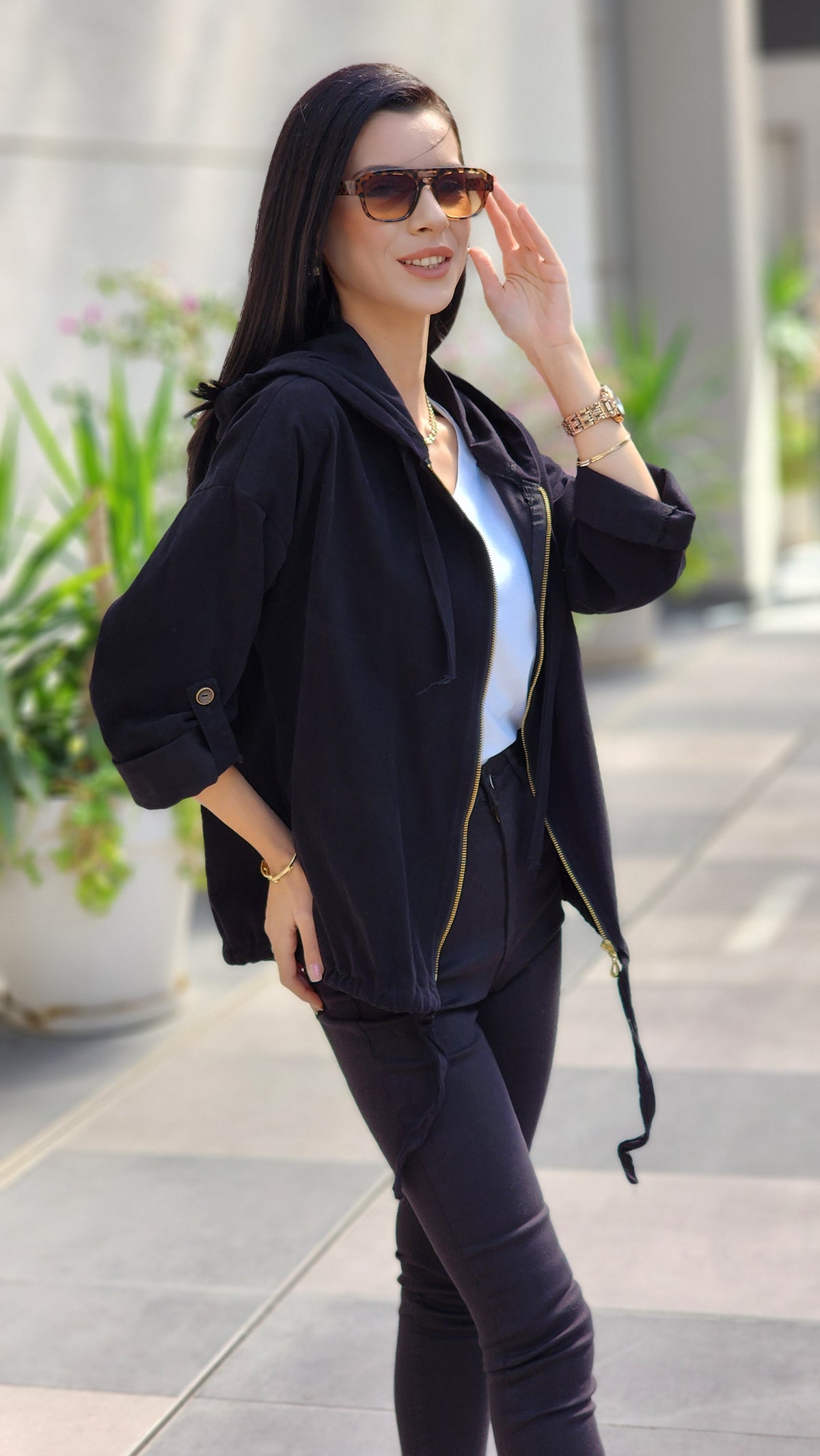 Gabardln sırtı yıldızlı fermuarlı ceket siyah