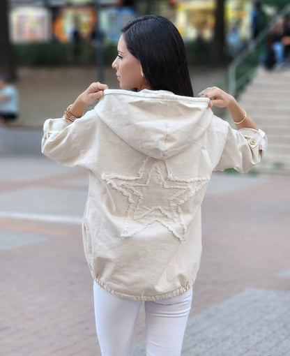 Gabardin sırtı yıldızlı fermuarlı ceket bej rengi