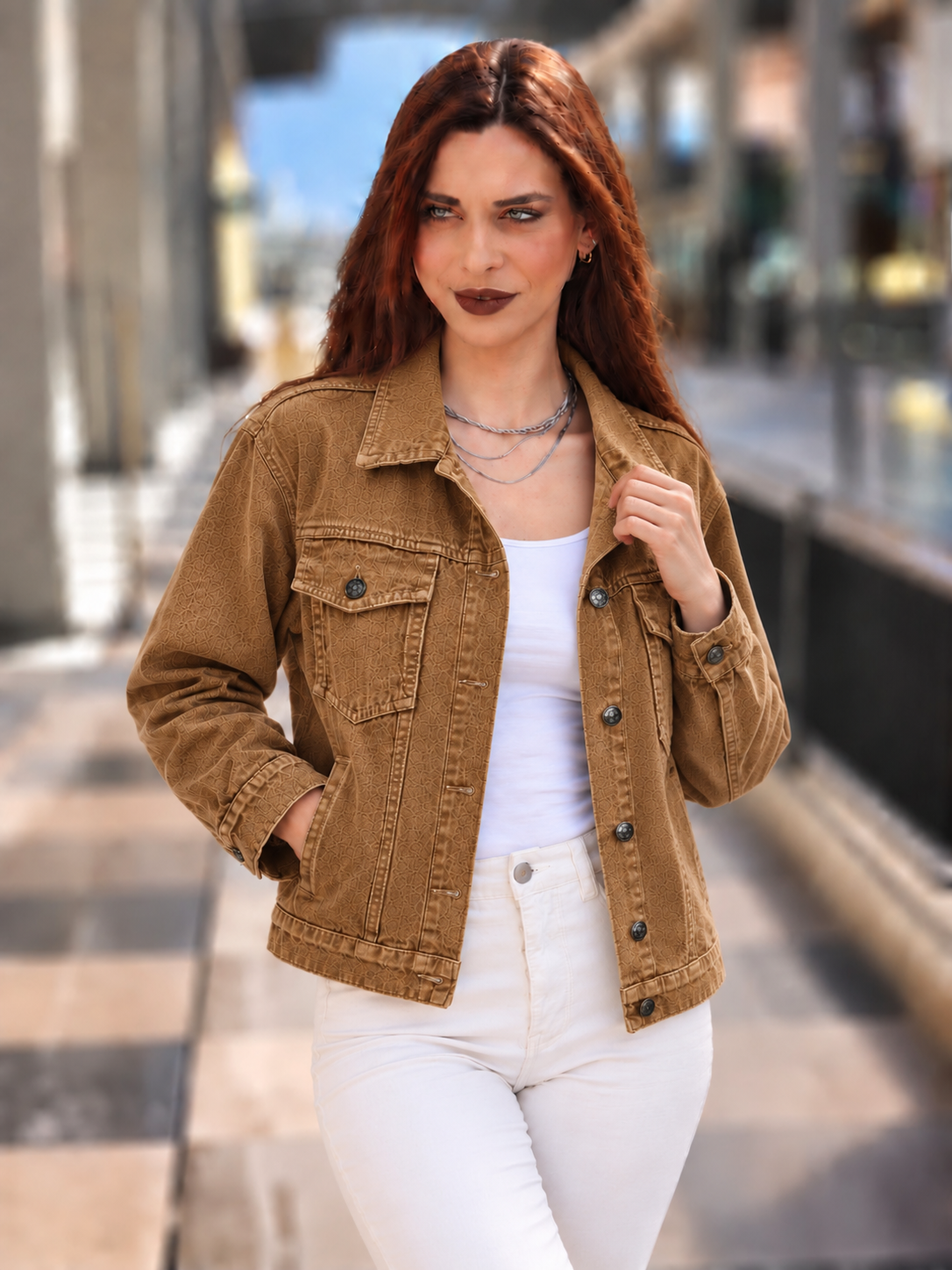 Renkli taşlanmış Jean ceket Camel rengi