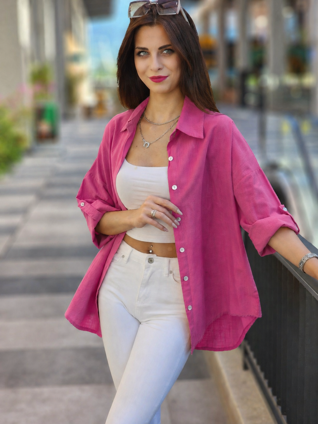 Keten gömlek fuşya pembe