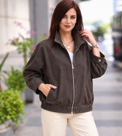 Boyfriend gabardin kumaş ceket kahverengi