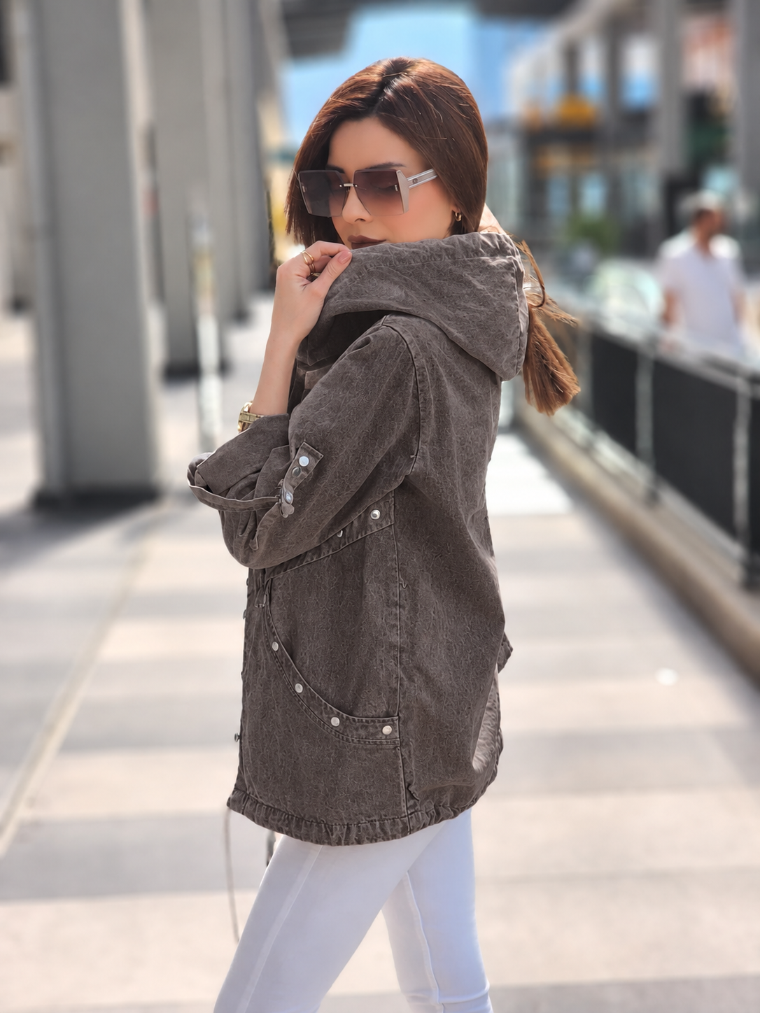 Zımba detaylı Sonbaharlık gabardln ceket toprak rengi