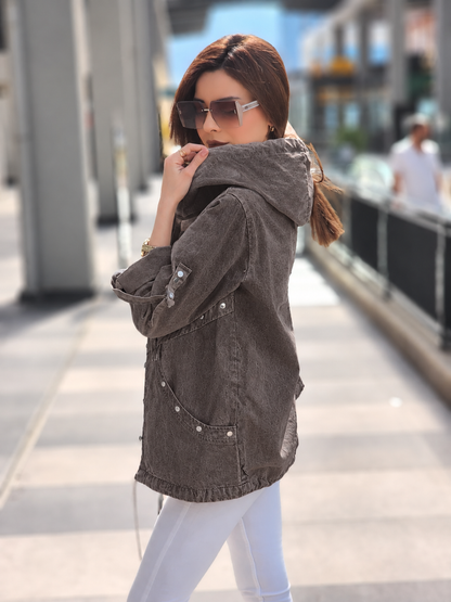 Zımba detaylı Sonbaharlık gabardln ceket toprak rengi