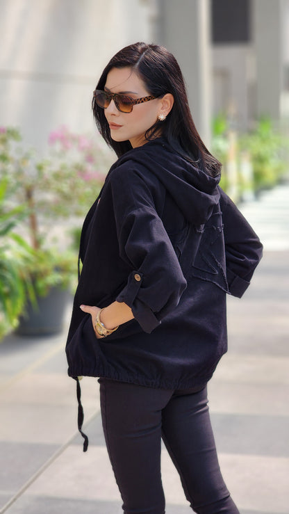 Gabardln sırtı yıldızlı fermuarlı ceket siyah