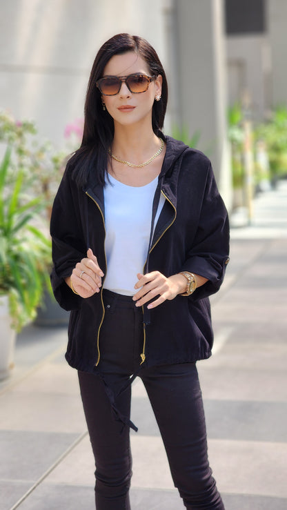 Gabardln sırtı yıldızlı fermuarlı ceket siyah