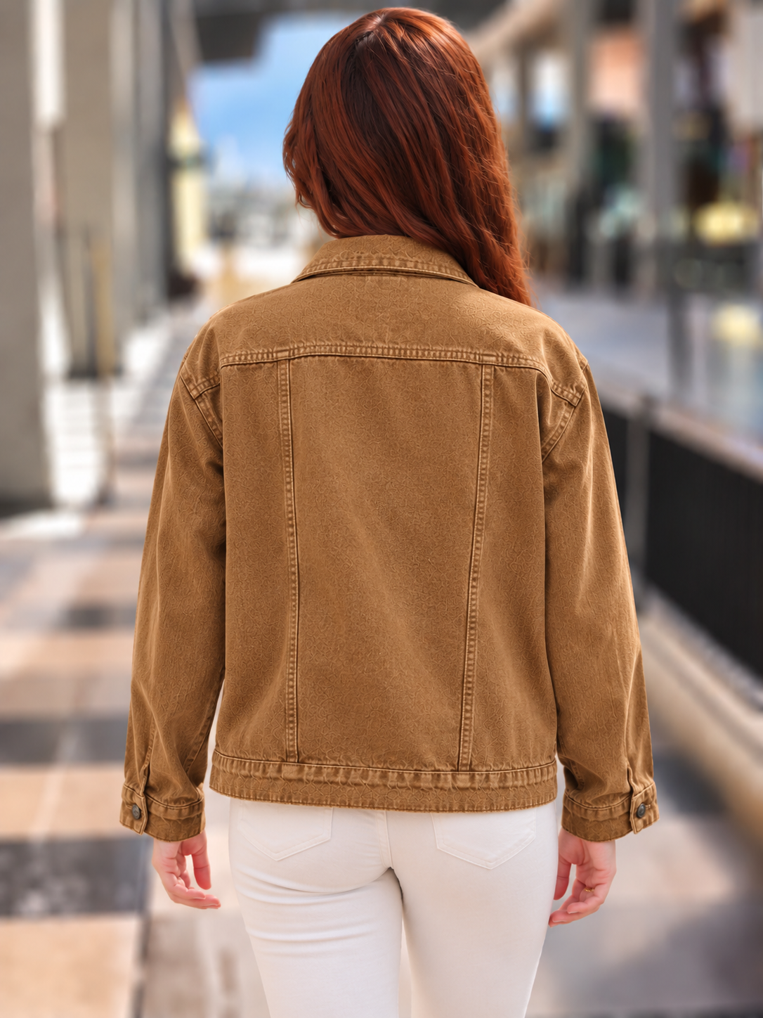 Renkli taşlanmış Jean ceket Camel rengi